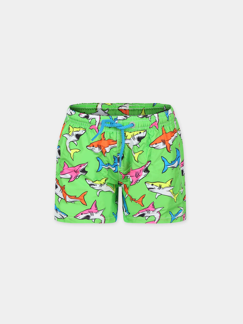 Green swim shorts for boy with shark print